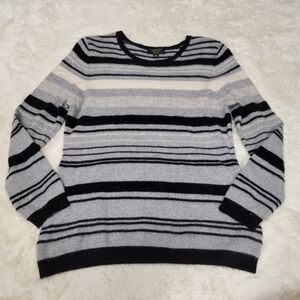 Charter Club 100% Cashmere Pullover Sweater Striped Crewneck Black Grey Size XL